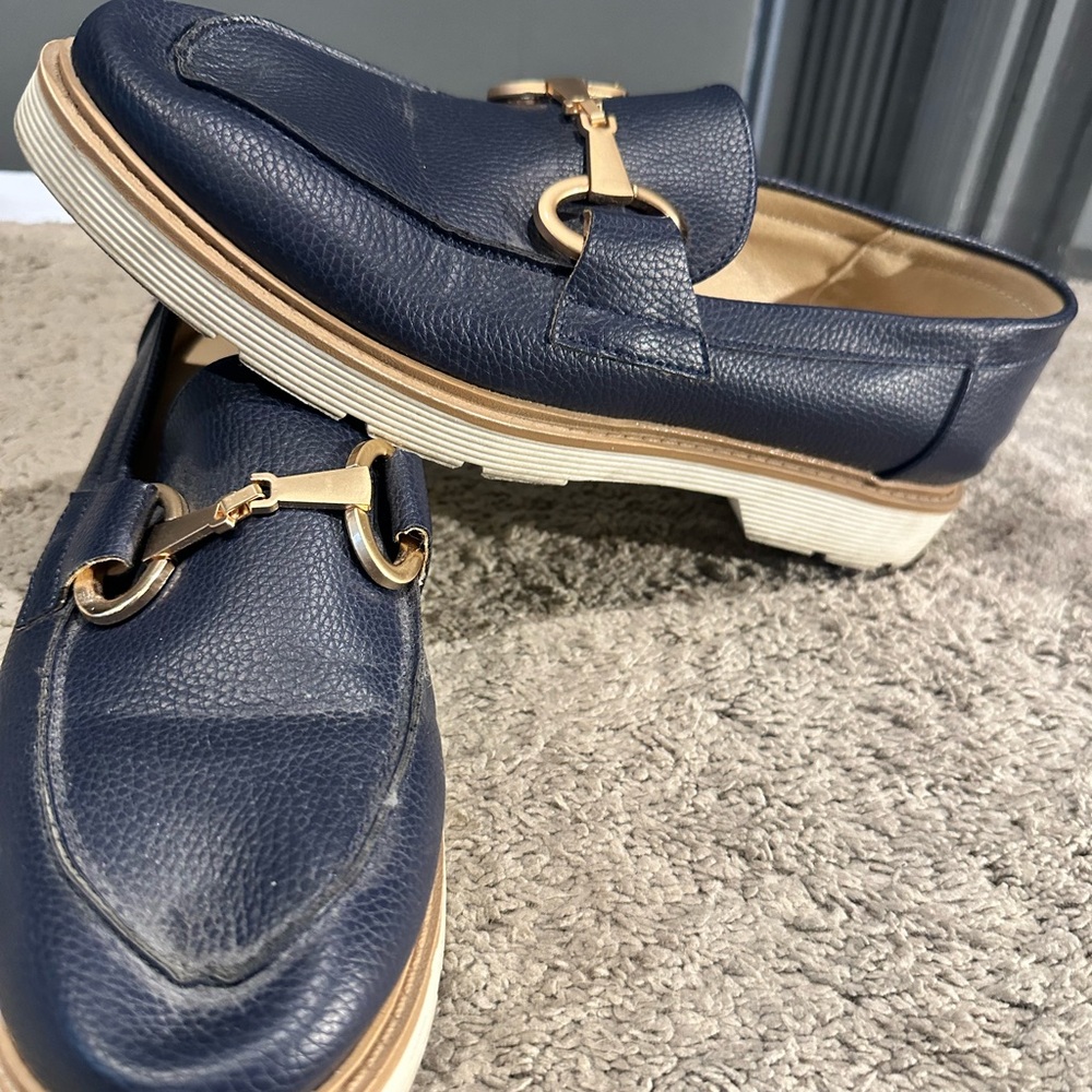 Women’s Navy Loafers with Gold Buckle